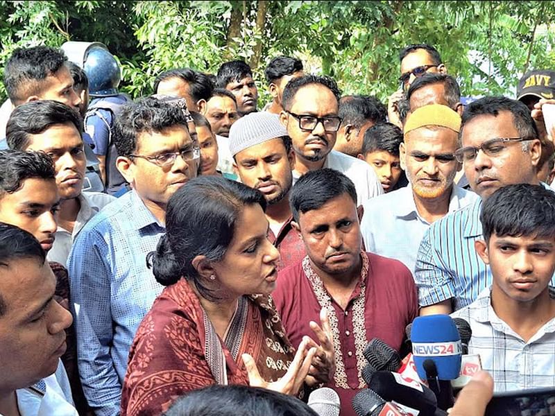 Syeda Rizwana Hasan speaks to the media after inspecting an embankment in Habiganj on 23 August, 2024.